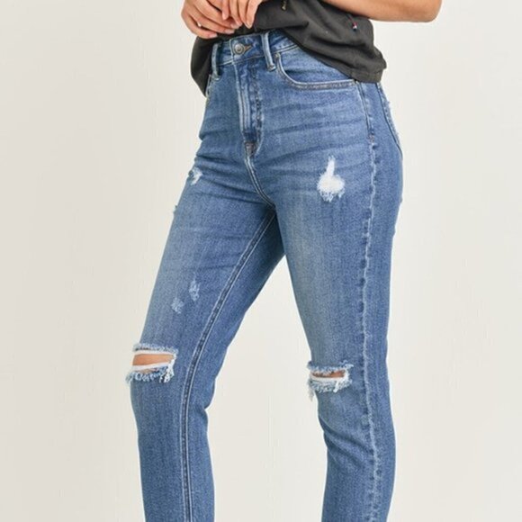 High Rise Medium Wash Relaxed Fit Distressed Skinny Jean - Picture 4 of 9